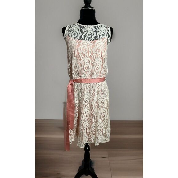 Sienastudio Lace Overlay A Line Dress Peach Under With Ribbon Sash. Size 16 New - Picture 1 of 11